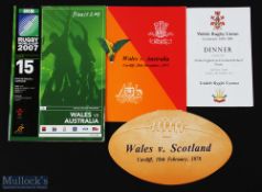Wales Specials Rugby Package (4): Great selection, Wales v Australia colourful dinner menu, 1975;