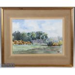 Lady E Bowman - The Fourth Green Golf Links Thetford watercolour signed with monogram LEB to the