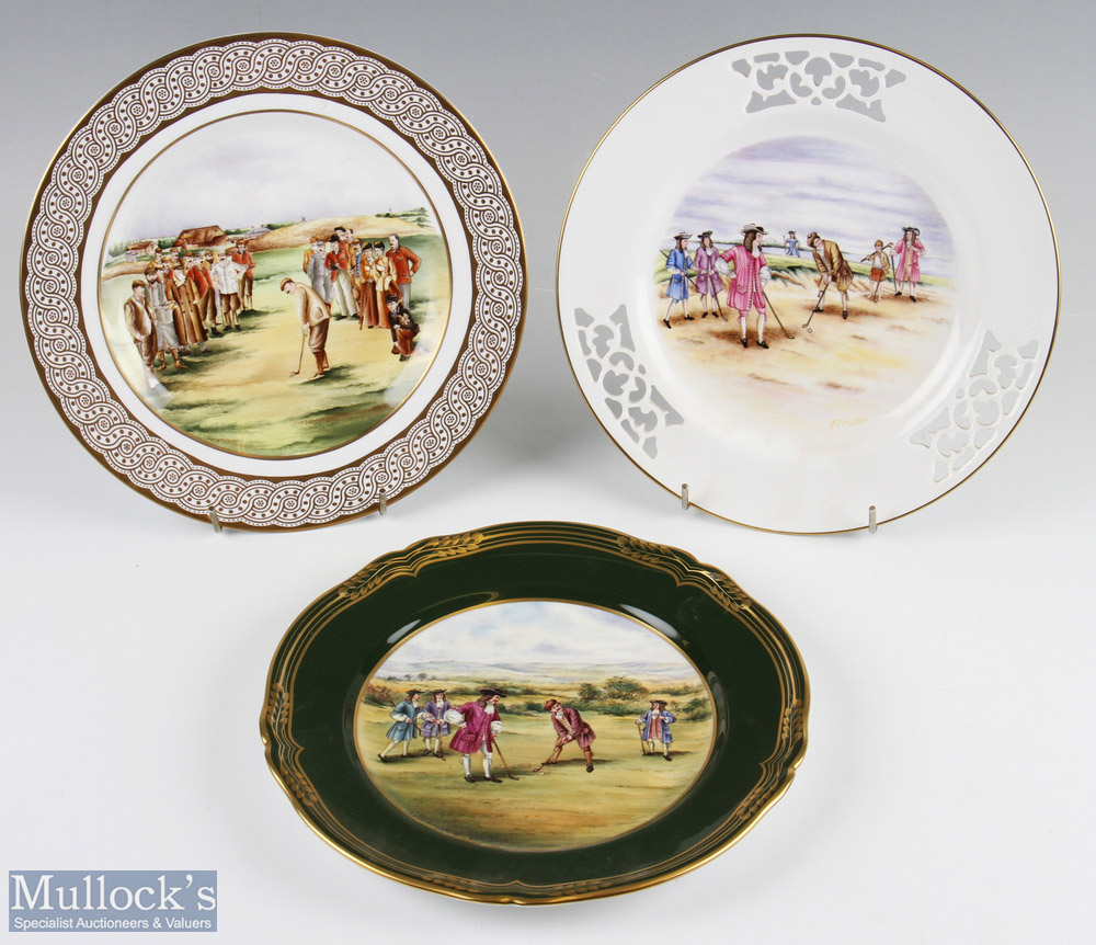 3 Spode Bone China Hand Painted Golfing Design Plates 2 showing 18th century period scene, one