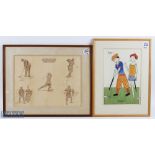 2x Interesting Golf Fashion Drawings - watercolour titled "Fore" dated and initialled on the reverse