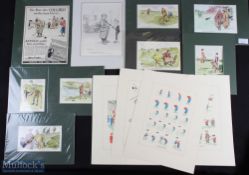 Hand Coloured Golf prints, Adverts Cartoon, a mixed collection of various artists, 9 are mounted