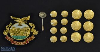 Carnegie Golf Club Blazer Badge Buttons and Silver Tie Pin, a blazer badge finished in gold tread, a