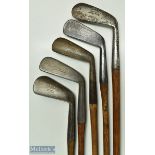 5x assorted irons - Tom Stewart no.2 iron, Gibson round back Pixie Sammy, Forgan Crown mark round