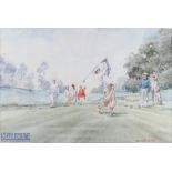 Douglas E West colour golf print of Golfers, Caddies and Lady on the Tee - image 15x 21.5" mf&g