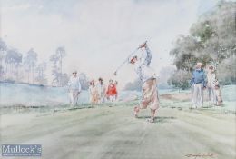 Douglas E West colour golf print of Golfers, Caddies and Lady on the Tee - image 15x 21.5" mf&g