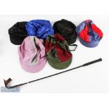 Horse Racing Silk Shull Caps, and Crop, a selection of 6 caps and a modern crop,