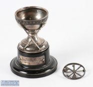 Silver Hallmarked Dunlop Hole in One Trophy mounted on plinth with an indistinct engraved award with