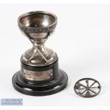 Silver Hallmarked Dunlop Hole in One Trophy mounted on plinth with an indistinct engraved award with