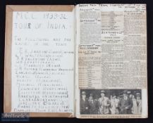 1933 MCC Tour of India and 1934 England v Australia Scrapbook: a well presented homemade book of