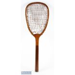 c1880, R & M 3 Wooden Flat Top Tennis Racket, with rounded handle grip, missing butt cap, original