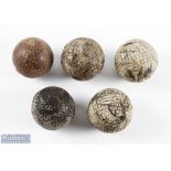 5x various pattern style guttie golf balls - to incl 2x bramble pattern and 3x square pattern golf