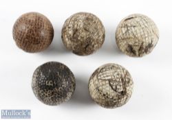 5x various pattern style guttie golf balls - to incl 2x bramble pattern and 3x square pattern golf