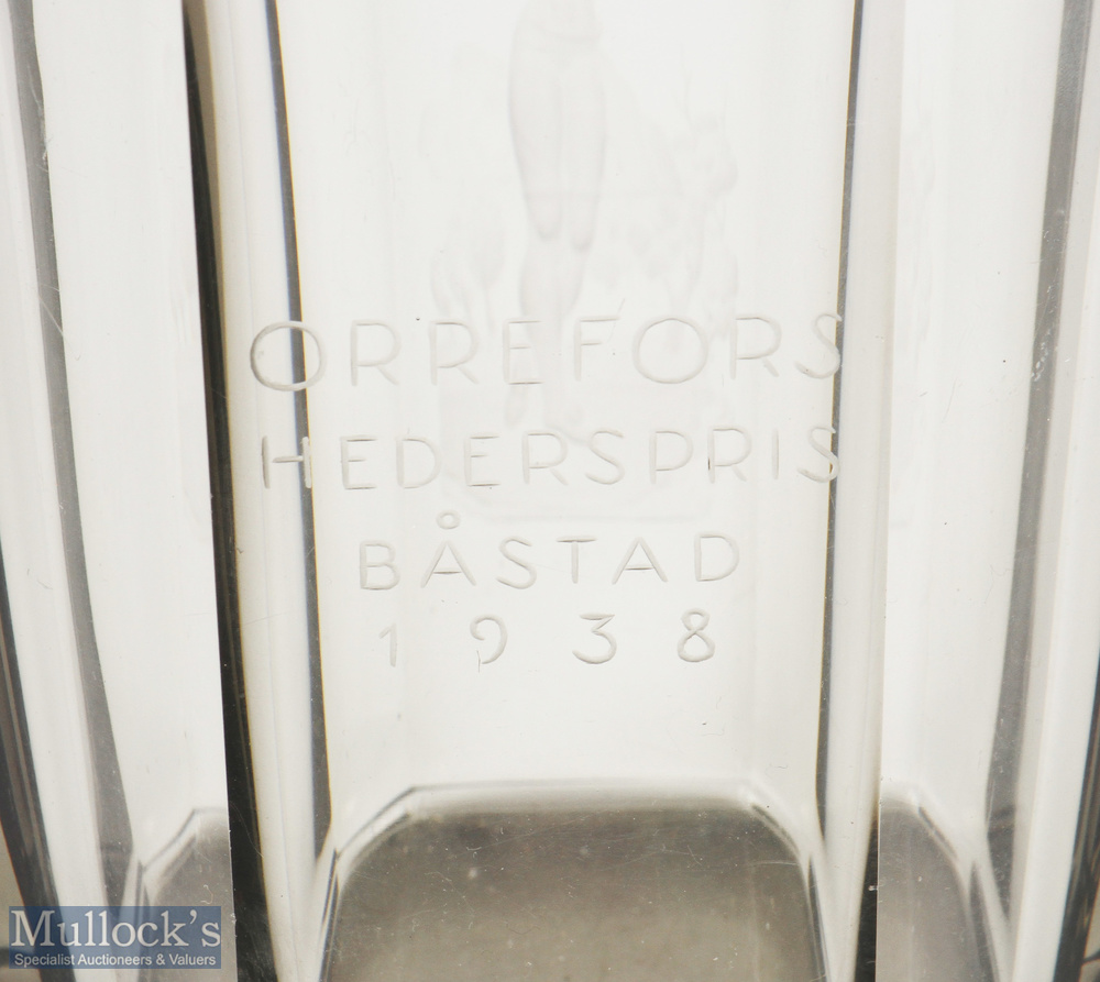 1930s Orrefors cut glass Hederspris Båstad 1938 Vase octagonal panel vase in smoky brown / grey - Image 3 of 3