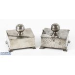 A Pair of Civic Pewter Arts & Crafts Golf Cigarette Cases with mesh golf ball and golf club