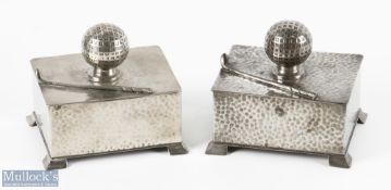 A Pair of Civic Pewter Arts & Crafts Golf Cigarette Cases with mesh golf ball and golf club