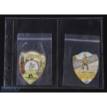 2x Rare J Baines Bradford Large Golfing Coloured Shield Shaped Cards - one titled Chesterfield