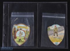 2x Rare J Baines Bradford Large Golfing Coloured Shield Shaped Cards - one titled Chesterfield