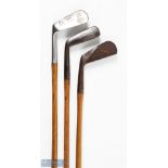 3x Left Hand Irons to incl Stainless mashie showing the well made brand for AW Gamage Ltd London,