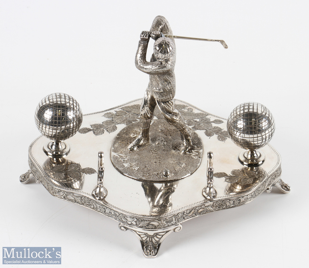 Victorian Silver Plated Golfing Inkwell Desk Set comprising of period golfer figure on - Image 2 of 3