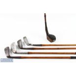 5x Left Hand Golf Irons and Wood to feature a left hand driver in dark stained persimmon stamped J