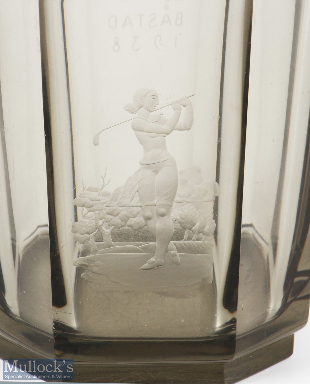 1930s Orrefors cut glass Hederspris Båstad 1938 Vase octagonal panel vase in smoky brown / grey - Image 2 of 3