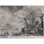 Early 18th c Dutch Kolf Winter River Scene Engraving by P Wouvermens dated 1739 and titled L'Hyver -