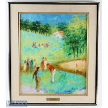 Manol signed original oil on canvas "Golfing Tournament in Manilla" c1960 signed lower right-hand