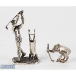 Novelty Cast Silver Golfer and Frog Figures - one modelled as a golfer standing next to caddy,
