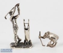 Novelty Cast Silver Golfer and Frog Figures - one modelled as a golfer standing next to caddy,