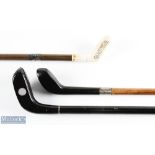 3x Mallet styled Golf Sunday Walking Sticks a left hand model inscribed 'As presented to James