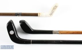 3x Mallet styled Golf Sunday Walking Sticks a left hand model inscribed 'As presented to James