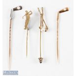 3x Gold Golfing Stick Pins - inc 14ct modelled on a golf club with seed pearl ball, weight 1.2