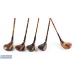 5x Assorted socket neck woods to incl St Andrews Golf Co small dark stained brassie with full