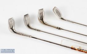 4x Silver Golfing Hat Pins - each terminal moulded as a golf club head, one by Charles Horner, all