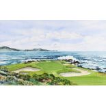 Bill Waugh watercolour - "The Seventh Hole Pebble Beach USA" - the famous Par 3 hole - image 12" x