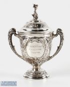 Silver Ladies Golf Challenge Trophy Cup and Cover having overall ornate decoration with
