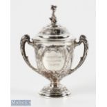 Silver Ladies Golf Challenge Trophy Cup and Cover having overall ornate decoration with