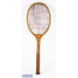 c1900 the Standard Perfect Wooden Tennis Racket, made in Paris, original red/white stringing,