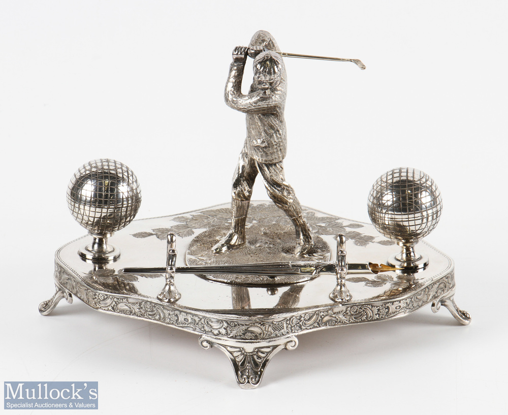 Victorian Silver Plated Golfing Inkwell Desk Set comprising of period golfer figure on