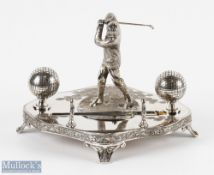 Victorian Silver Plated Golfing Inkwell Desk Set comprising of period golfer figure on