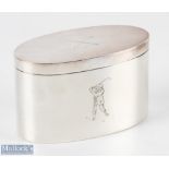 Silver Oval Lidded Box with Engraved Golfer with engraved crossed clubs to lid, partial gilt