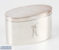 Silver Oval Lidded Box with Engraved Golfer with engraved crossed clubs to lid, partial gilt