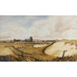 Fine early watercolour possibly Hunstanton Golf Links and Golfers with Holm Church in the background