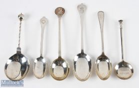 6x Large Hallmarked Silver Golfing Spoons - inc rat tail trefid spoon with worn golf club