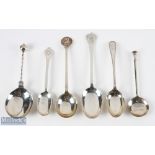 6x Large Hallmarked Silver Golfing Spoons - inc rat tail trefid spoon with worn golf club