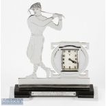 Art Deco Jaeger LeCoultre Chromed Clock in the form of Golfer on angular base with inscription