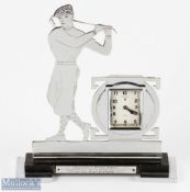 Art Deco Jaeger LeCoultre Chromed Clock in the form of Golfer on angular base with inscription