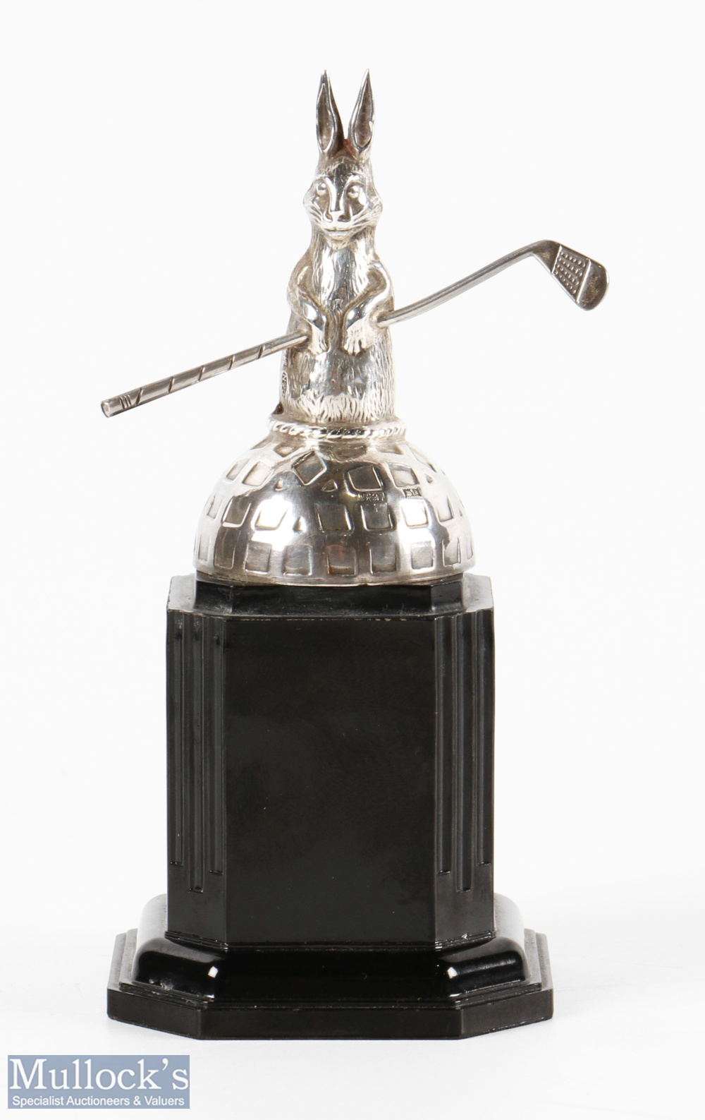 Hallmarked Silver Rabbit Golf Trophy / Statue modelled as a double sided standing rabbit holding a