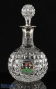 Silver Collared Cut Glass Decanter with Enamelled 19th Hole Design Roundel square cut glass decanter