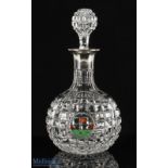 Silver Collared Cut Glass Decanter with Enamelled 19th Hole Design Roundel square cut glass decanter